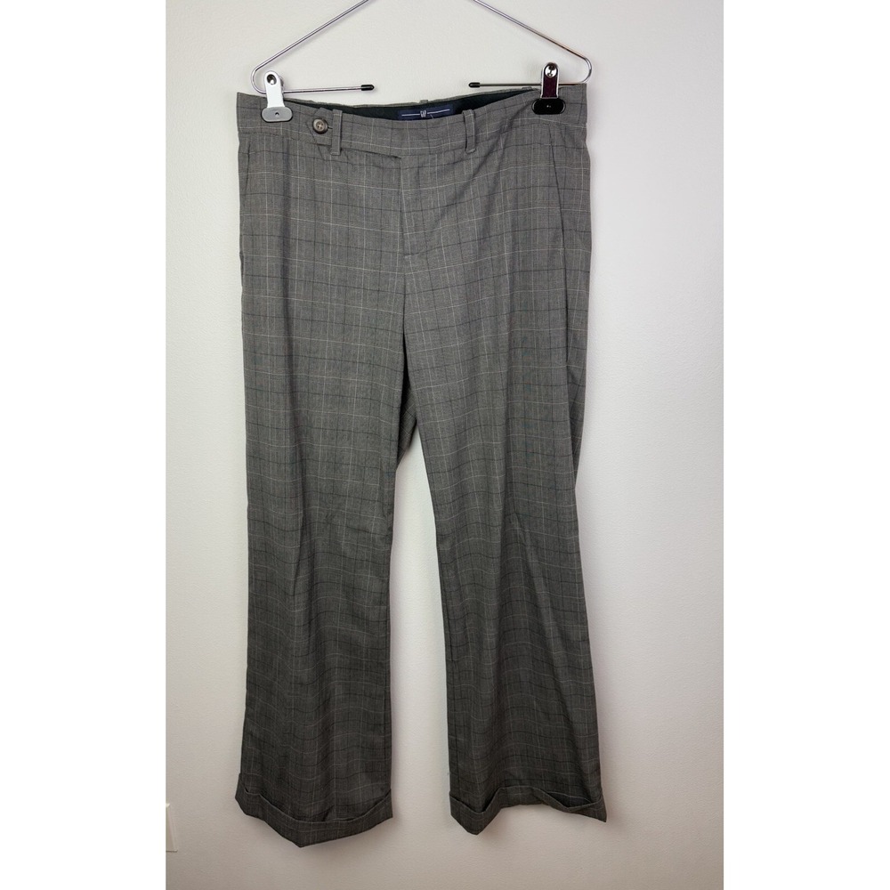 Gap Mid Rise Wide Leg Cuffed Hem Gray Plaid Trouser Pants 10 Long